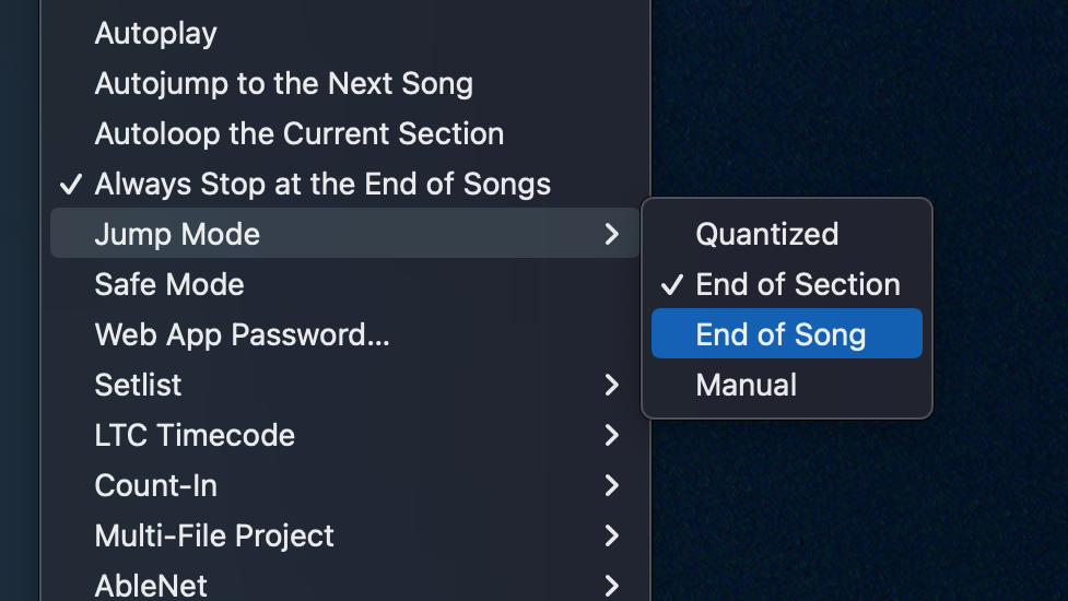 AbleSet's settings menu showing all four jump modes