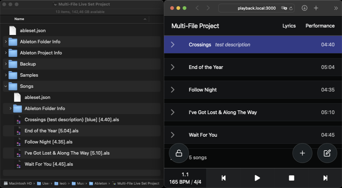 Finder showing a multi-file project next to AbleSet's list view