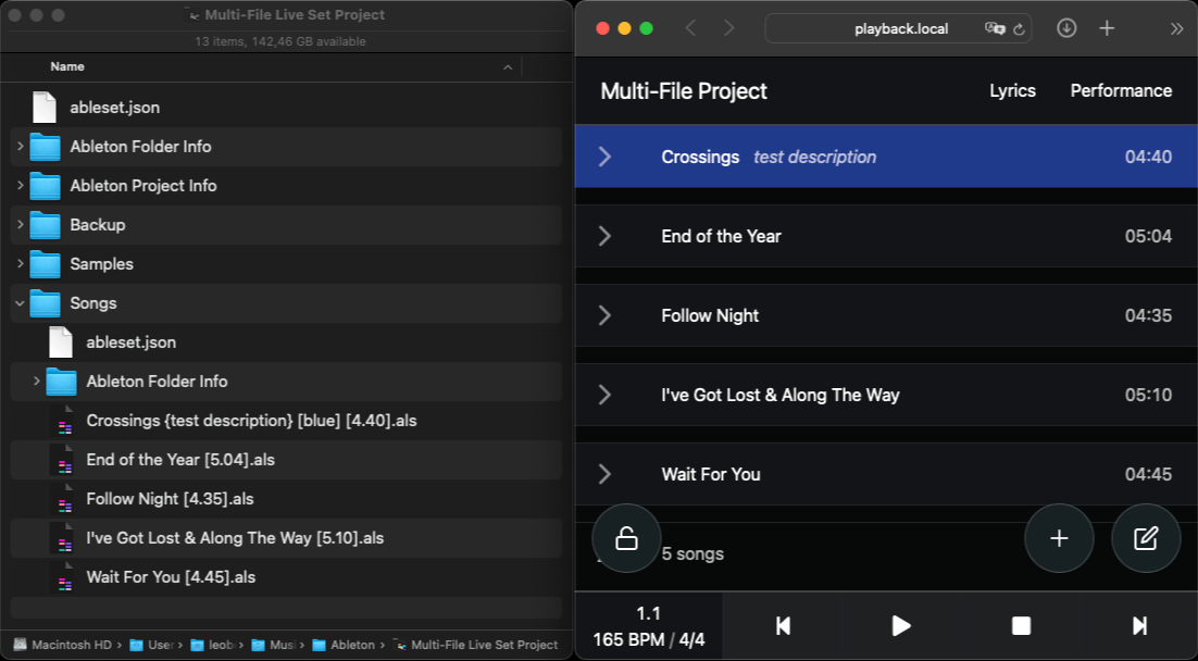 Finder showing a multi-file project next to AbleSet's list view