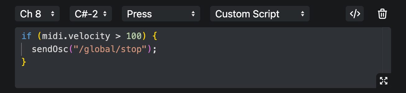 A "Custom Script" mapping on a MIDI note